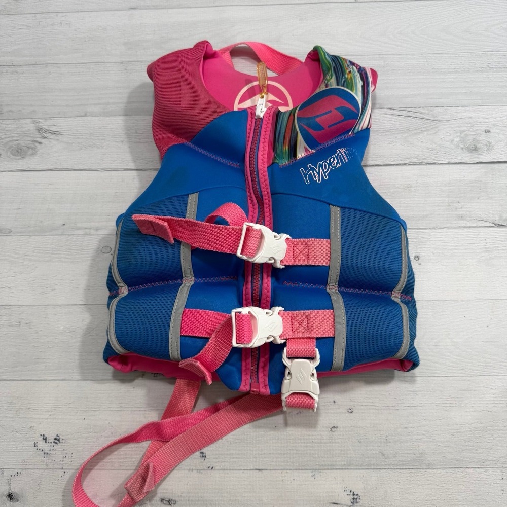 Hyperlite kids neoprene life vest pink and blue 30-50 pounds